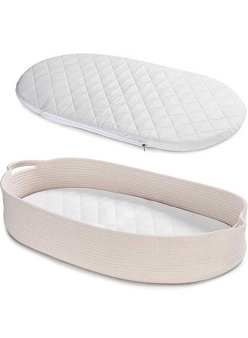 Baby Changing Basket with Removable Mattress, Handmade Woven 100% Cotton Rope Nursery Boho Moses Basket, Baby Shower Bassinet Changing Table Topper, 75x41x14CM (White) - Image 1